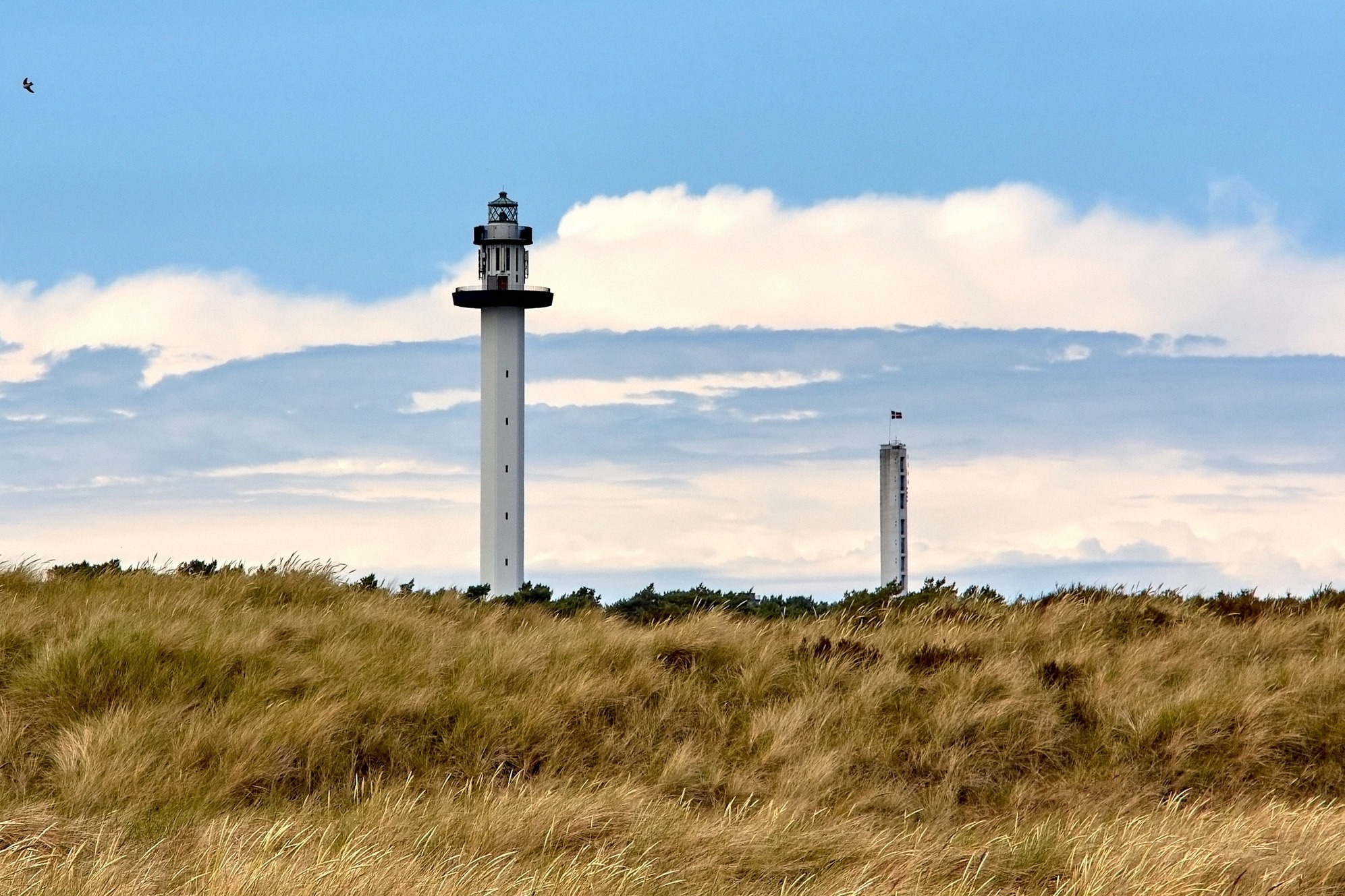 The slender Dueodde Lighthouse rising behind dune grass