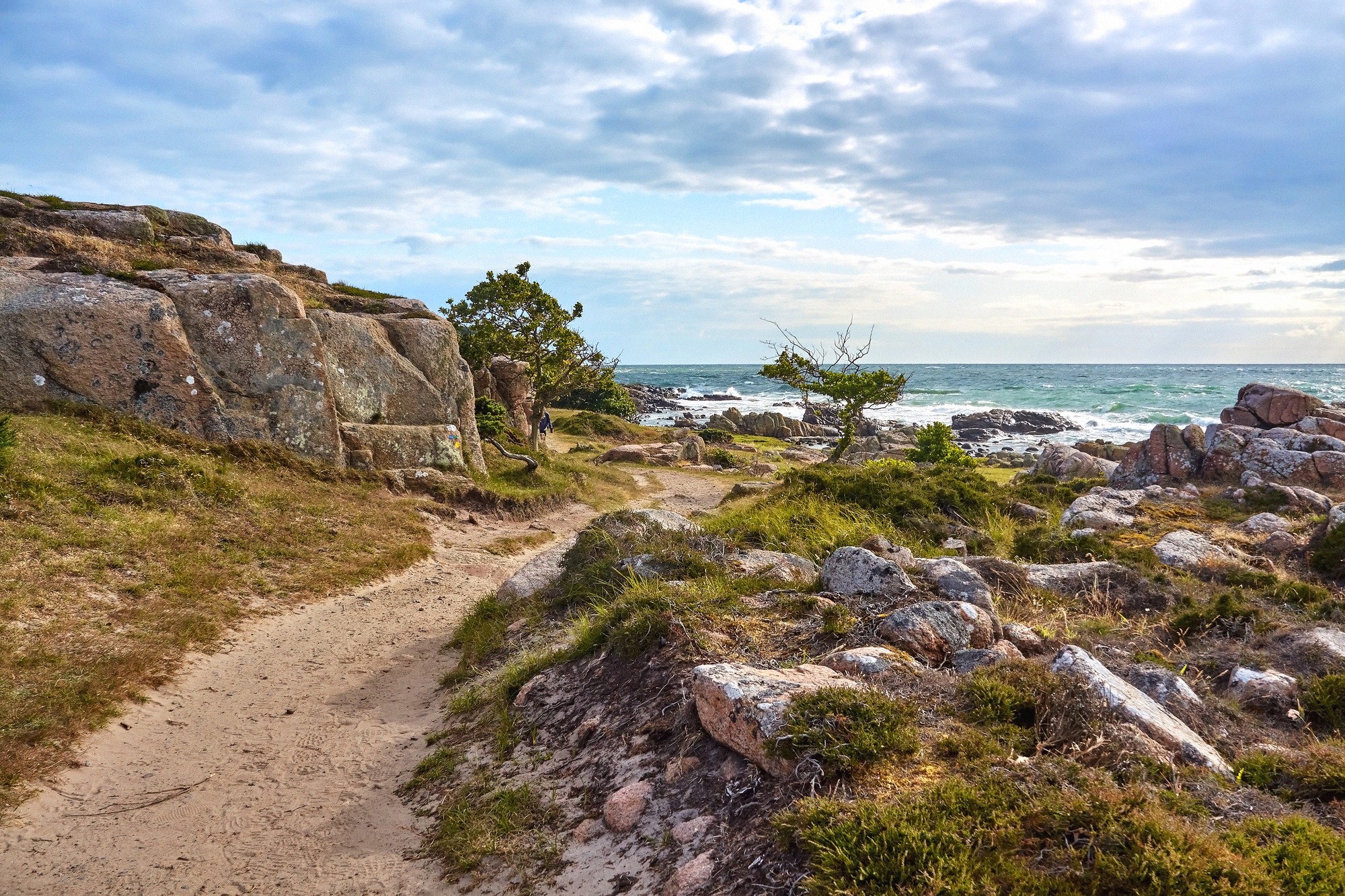 Narrow sandy path along the rocky Baltic coast on the Hammeren headland
