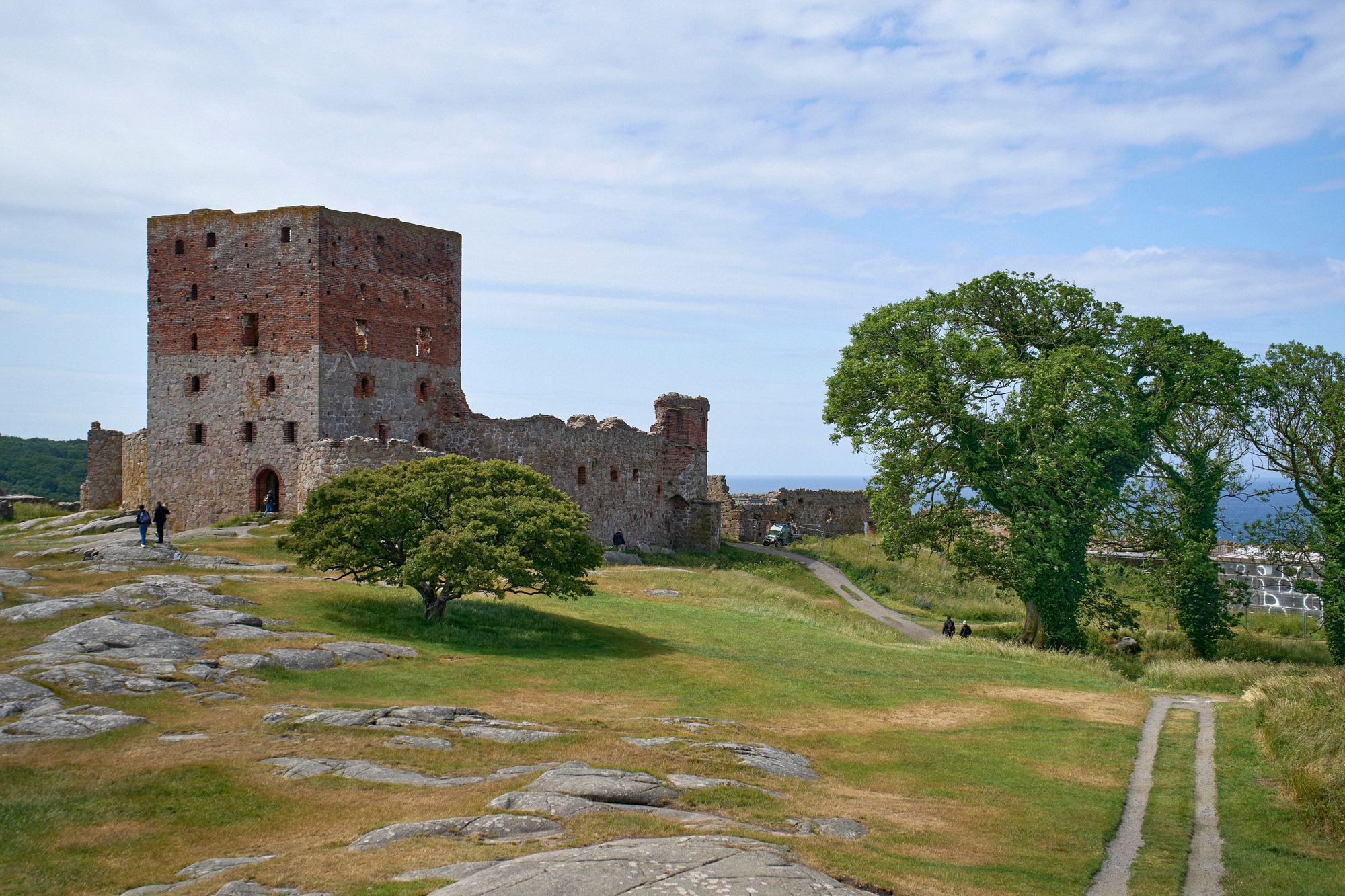 Hammershus, Northern Europe's largest castle ruin, reachable by bus from Rønne. Sweeping ruins of Hammershus on a granite ridge with a Baltic Sea panorama