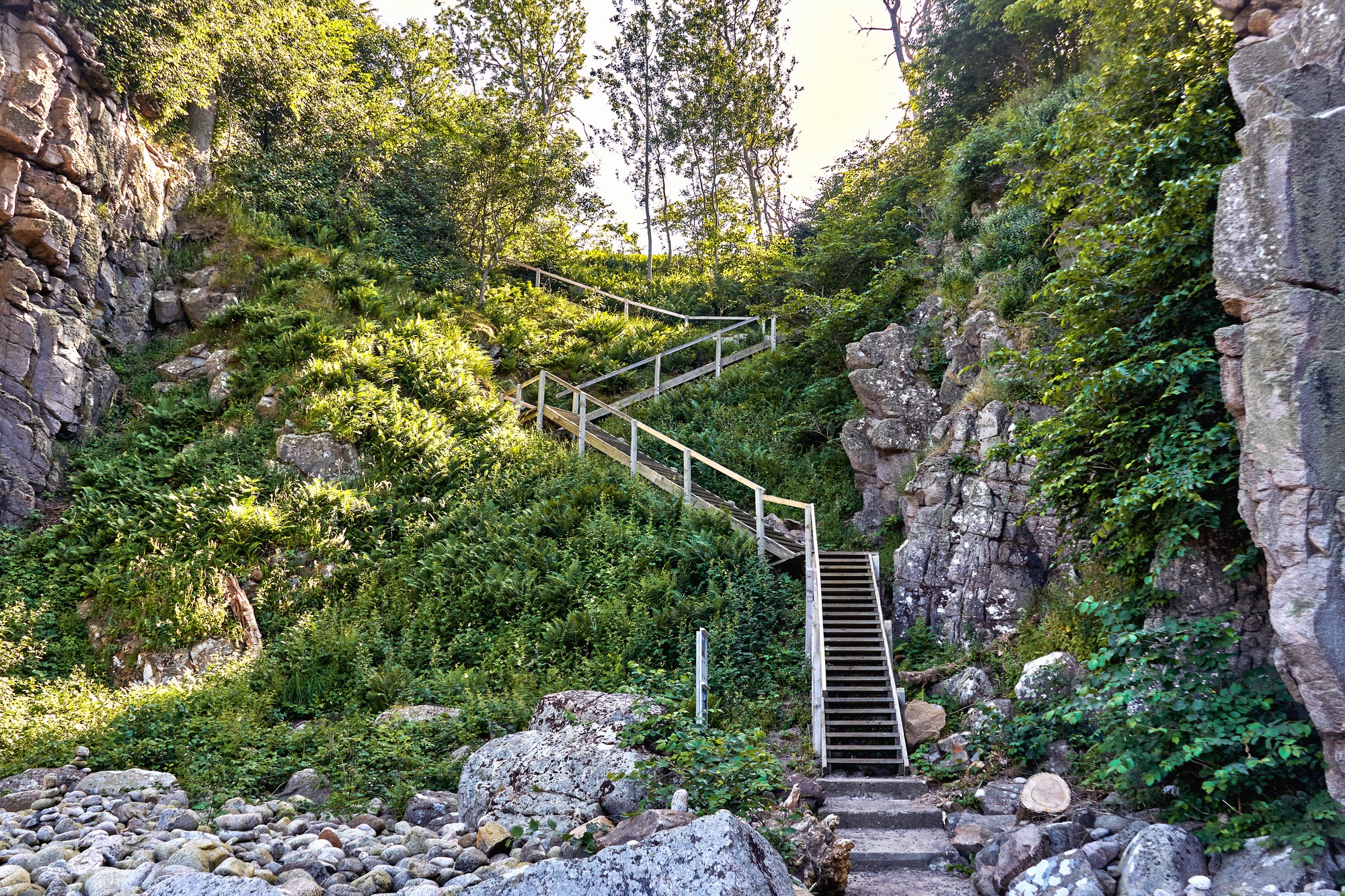 The wooden staircase through the rock gorge to the Liebertsklippen jetty, right below the museum. Wooden staircase through the rock gorge down to the Helligdomsklipperne